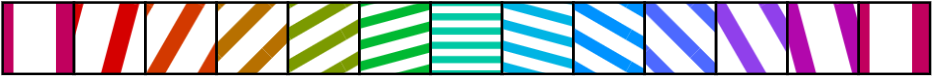 A screenshot of 13 boxes, each striped. The stripes rotate per box, from left to right, from vertical clockwise to horizontal to vertical again. The stripe thicknesses and gaps between stripes narrow towards the middle and expand again towards the other side. Each box is coloured along the rainbow in the Oklch colour space. The colours become slightly brighter towards the middle.