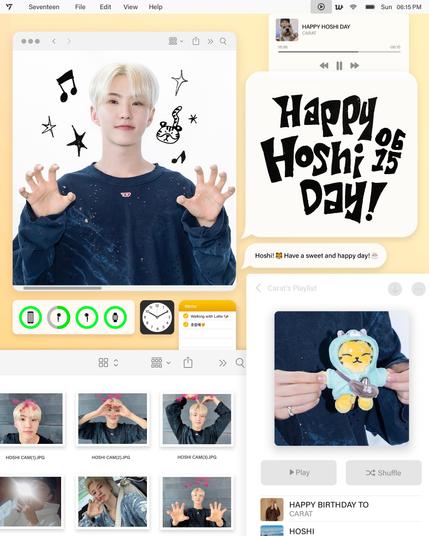 The image features Hoshi with light blonde hair in a navy blue shirt, playfully posing against a white background with musical notes and stars surrounding them. Text on the image reads "Happy Hoshi Day!" along with a message wishing joy on this special day.