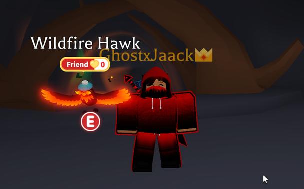 Pet "Wildfire Hawk" standing next to my Roblox avatar (with username GhostxJaack above). It's glowing orange and black.