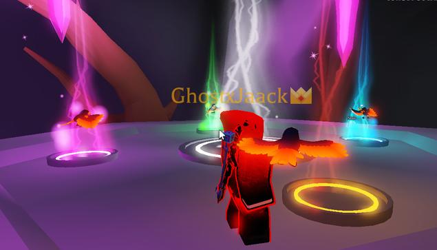 All 4 Wildfire hawks on their respective pedestals in the neon cave in Roblox Adopt Me