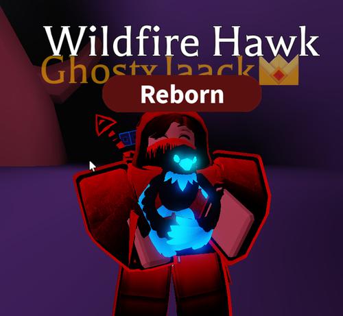 My Roblox avatar holding the glowing blue Wildfire Hawk pet. My avatar is behind with username "GhostxJaack"