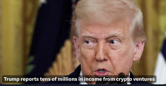 Image shows a close-up of a man speaking at a podium, with a background featuring decorative elements. Text overlay mentions the individual reporting tens of millions in income from cryptocurrency ventures.