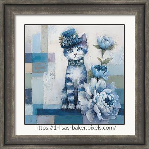 Kitty Paws and Petals / Cat Art by Lisa S Baker. A charming kitten wears a decorative hat and collar, sitting amidst large blue flowers. The background features a patchwork of soft pastel colors, giving it a whimsical and dreamy atmosphere.