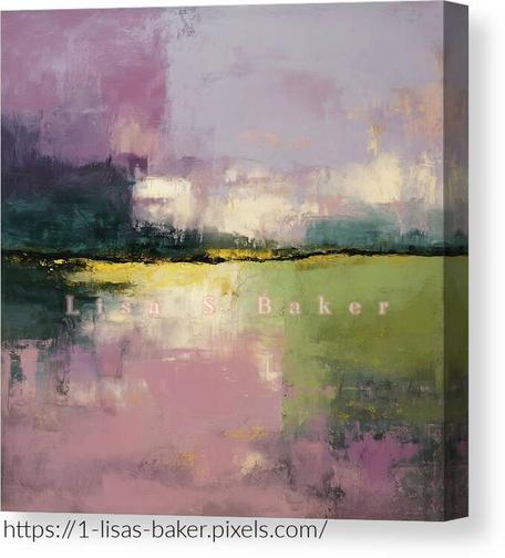 Mossblush Whispers / Abstract Art by Lisa S Baker. Bold, colorful abstract composition features a blend of soft purples, greens, and a striking yellow horizontal line. The colors are mixed with a textured, layered effect giving a sense of depth and movement.