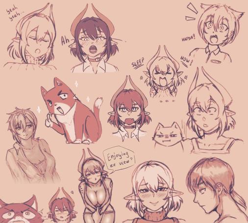 Collection of various daily sketches in form of collage. Featuring Lisa, cat Nito, Lanti’s OC Erika and a bunch of other OCs maybe.
Most of them are chibi or cartoony faces and strips, sometimes with comedic theme.