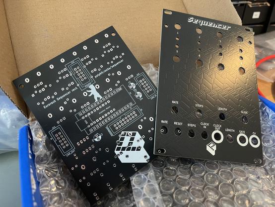 Black PCBs for my 8 step sequencer, component board and front panel, 18HP