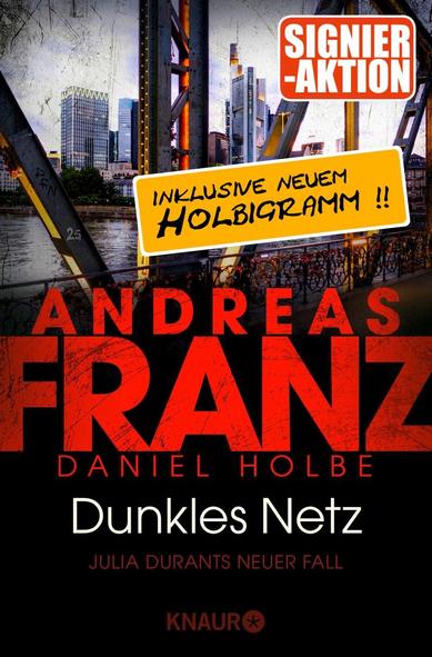 Buchcover "Dunkles Netz" mit Ankündigung einer Signieraktion plus Autogrammkarte