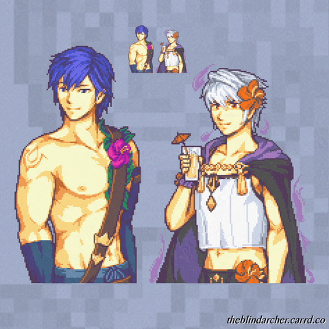 16 bit pixel art half-body portraits of two male characters in beach wear.  On the left is a visibly muscular man with blue windswept hair and matching eyes, and blue sleeves and swim trunks.  He wears a strap over his chest with leaves and a magenta hibiscus over the chest.  He has a mark on his visible shoulder.  On the right is a man with white windswept hair and red eyes, surrounded by purple wisps of flame.  He wears a white tanktop and a black cloak.  He has orange hibiscus flowers in his hair and on his black swim trunks.  He holds a drink with a cocktail umbrella in his hand.  The two guys depicted are Chrom and Grima from Fire Emblem Awakening, in fan-made summer attire.