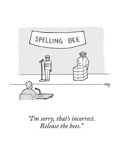 Spelling bee competition with a boy participating with the ominous presence of a beekeeper just to the right of him and a judge Infront. Text at the bottom just below the judge reads "I'm sorry, that's incorrect. Release the bees."