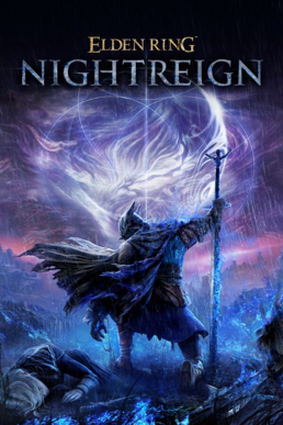 Cover art for the game, Elden Ring Nightreign. Painted in purples and blacks, a caped, helmeted warrior leans on a staff and kneels over a fallen comrade (a white-haired Duchess), perhaps to revive her, as in the distance beyond the sky is a tumult of swirling magic.