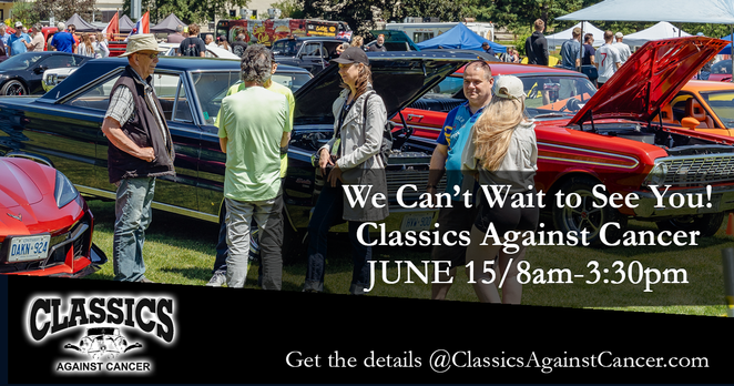 Graphic for post.
Photo: Crowd of people milling around hundreds of classic cars.
Text: We can't wait to see you! Classics Against Cancer, June 15th 8 am - 3:30 pm
Classics Logo - Get the details at classicsagainstcancer.com