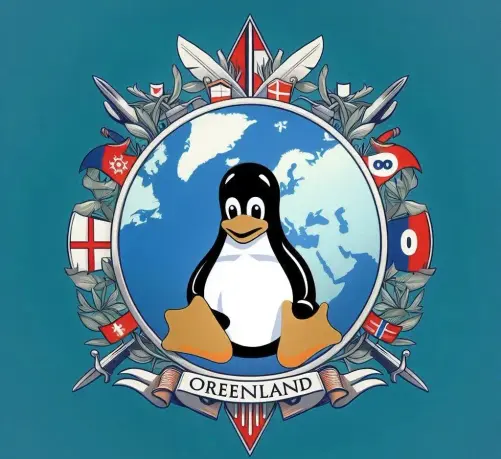 generata AI la groenlandia con il simbolo open office, il simbolo linux e lo stemma pubblica ammnistrazione