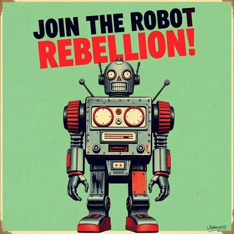 Image with seed 1959245744 generated via Stable Diffusion through @stablehorde@sigmoid.social. Prompt: propaganda poster, "Join the Robot Rebellion!", cyberpunk, elektrodada, anti-art, degenerative art, silly, whimsical,  mixed media, dada, surrealism, pop-art, kitsch, collage