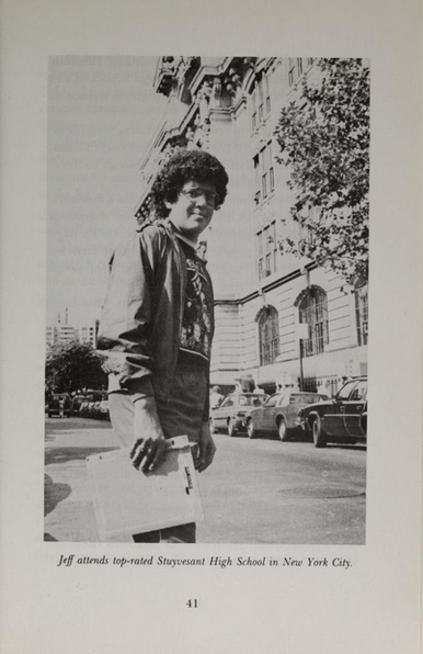 A black and white photo of Jeffrey Saltiel outside Stuyvesant High School.