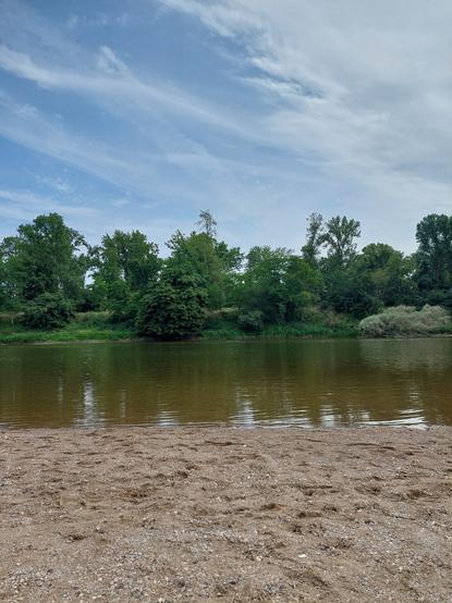 Un banc de sable en avant plan, le fleuve Loire au centre et la rive arborée en arrière plan sous un ciel plutôt  clément