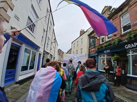 Part of a pride March. There are people wearing various flags, with the most prominent being a trans flag and bi flag. There is a banner up ahead with the non binary and trans colours on