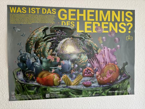 A colorful scientific poster featuring a visually rich representation of cellular structures and processes, incorporating various textures and shapes. The title in bold yellow asks, "What is the secret of life?" and includes additional text about the importance of cells in biology.