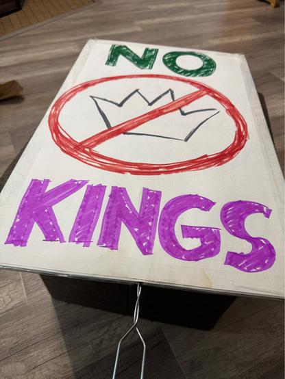 A handmade protest sign that says “No Kings” with a crown inside the red “No” symbol, all done in colored marker on white poster board taped to cardboard.