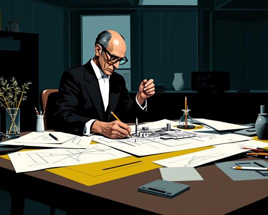 A person is drafting a building in his desk