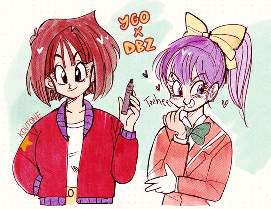 Anzu Mazaki and Miho Nosaka from Yugioh drawn in Akira Toriyama's style. Anzu is wearing a red bomber jacket and holding a marker. Miho is smiling cheekily with her arms crossed.