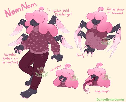 nomnom ref sheet with 1 full body 1 half body and 2 headshots

nomnom has pink cotton fluffy hair, purple black skin with pink accents and tips, her back has 4 spider legs on it, shes wearing a red pink sweater with hearts on it and red pants