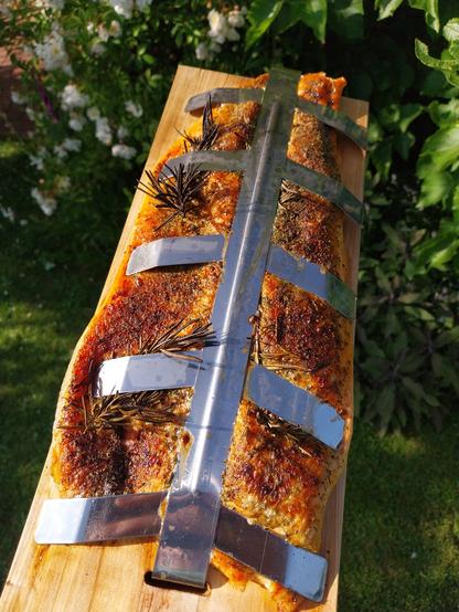 A close up of the salmon, still on the board, lightly browned on the surface. The evening sun is basking everything in its golden light.