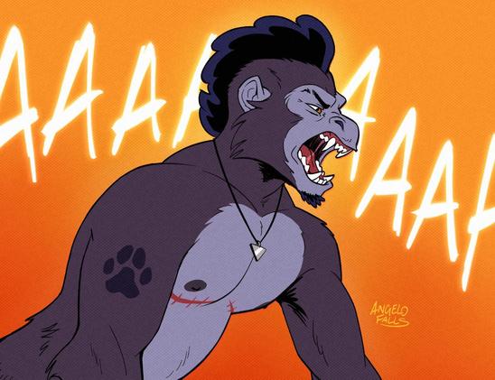 A cartoon illustration of Angelo, an anthropomorphic spider monkey with a curly mohawk with an angry screaming expression trying to intimidate someone away off screen. Big text in the background says "AAAAAAA"