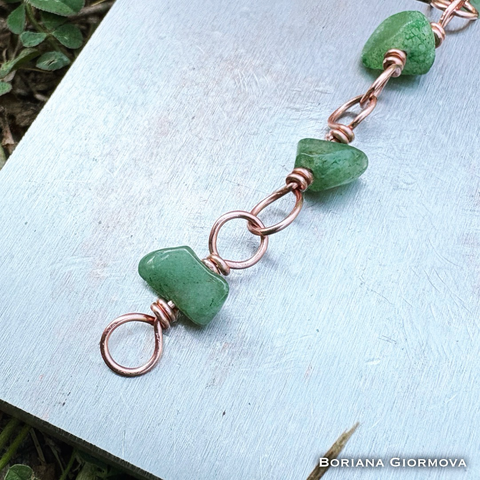 Handmade copper links chain with jade chips