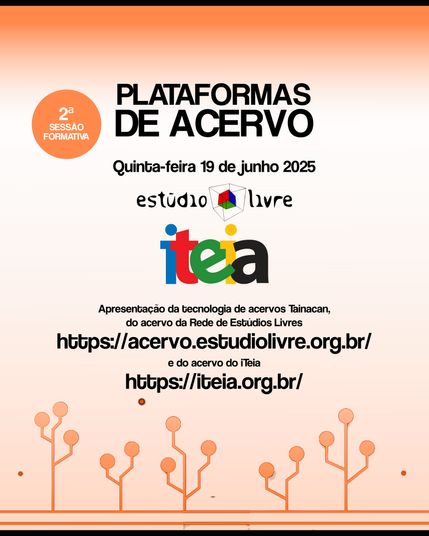 Card em tons de laranja claro, com barra mais escura na mesma cor na parte superior. Na parte superior, os dizeres Plataformas de Acervo, Quinta-feira 19 de junho de 2025. Ao centro a logomarca do Estúdio Livre e do iTeia.  Mais abaixo "Apresentação da tecnologia de acervos Tainacan, do acervo da Rede de Estúdios Livres https://acervo.estudiolivre.org.br e do acervo do iTeia https://iteia.org.br. Na parte inferior, galhos com bolas nas pontas e duas linhas finas, tudo na cor laranja clara.