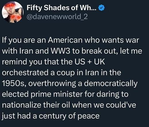 The image shows a tweet from a verified account named "Fifty Shades of Wh..." with the handle "[@]davenewworld_2." The tweet is set against a dark background with white text. The tweet reads: "If you are an American who wants war with Iran and WW3 to break out, let me remind you that the US + UK orchestrated a coup in Iran in the 1950s, overthrowing a democratically elected prime minister for daring to nationalize their oil when we could've just had a century of peace."