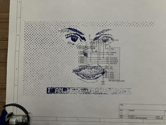 Dithered image from Blippo+ plotted on top of a schematic from an old Playdate prototype. The right side of the image fades away due to the pen not making good contact with the paper
