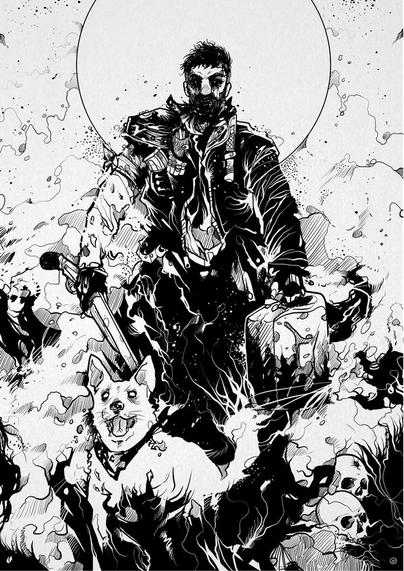 Drawing of Mad Max and his dog. Image shows a sandstorm and max is holding a petrol can and a shotgun.