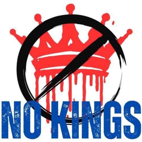 A logo meme showing a red king's crown, painted to look like it is dripping with fresh paint. Over this is a black circle (also appearing to be painted) and strike-out symbol for "no", and beneath it are the words "NO KINGS."