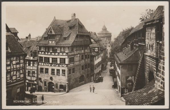 Monochrome real photographic postcard showing a view of the house of Albrecht Dürer at Nuremberg in Bavaria, Germany.

Published by Ludwig Riffelmacher, Fürth-Unterfarrnbach, No 1867/40/6, c.1930s.

Postally unused.

Very good condition, with very slight corner bumps.