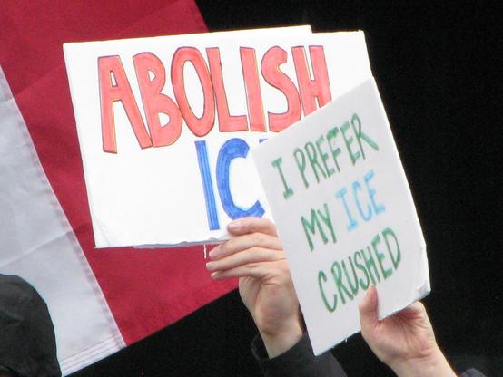 Two protest signs. A sign reading "abolish ice" is slightly hidden behind a sign reading "I prefer my ice crushed"