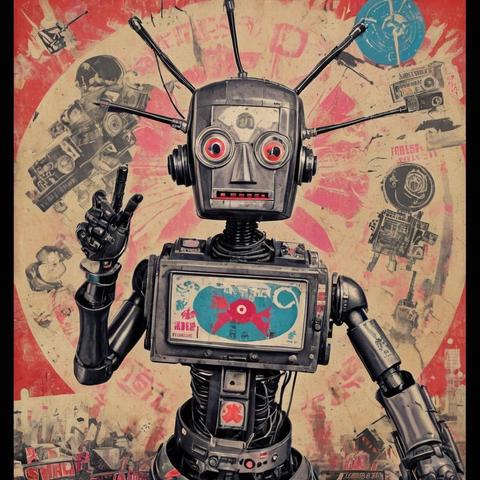 Image with seed 102967015 generated via Stable Diffusion through @stablehorde@sigmoid.social. Prompt: propaganda poster, "Join the Robot Rebellion!", cyberpunk, elektrodada, anti-art, degenerative art, silly, whimsical,  mixed media, dada, surrealism, pop-art, kitsch, collage