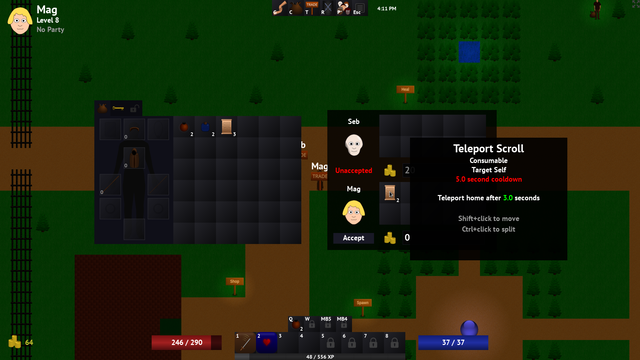 🕶️ A bird's-eye view of a game in progress, partially hidden by open windows (inventory, information message).

📚️ Choria is a libre and multi-platform action-RPG/MMORPG whose story is set in the lands of Chores. It can be played in solo or multiplayer (co-op vs AI, 8 vs 8 max) with a simplified real-time combat system. It features a simple, old-school RPG system with equipments upgrades, skill points, skill unlocks (48), game bonuses, a 24-minute day/night cycle affecting gameplay, over 250 items, 40 monsters, 16 bosses, several biomes (caves, lava, swamp, ice, desert), and graphic features (4K, windowed/full screen).