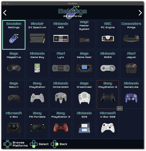 🕶️ A view of its UI (on a dark theme, version 0.4.3, under Linux) with the list of supported emulators (in the form of pretty thumbnails of the emulator controllers, one of which is dedicated to UI settings).

📚️ Emulsion is a libre, multi-platform interface unifying the management of a collection of console games from different emulators. It features support for multi-location storage, choice of game cover from multiple sources, reliable controller management and decentralization of emulator configuration files.
