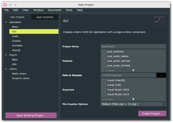 🕶️ A view of its UI (on a dark theme) at startup. At the top are the main menus, on the left drop-down menus for selecting the type of application required, and on the right the selection of modules and the type of code export wished.

📚️ JUCE is a partially (since version 7) libre, multi-platform C++ framework for the development of stand-alone tools, audio plugins (VST, VST3, AU, AUv3, AAX and LV2), and plug-in hosts. It can be easily integrated into existing projects via CMake, or used for project generation via Projucer, which supports project export for Xcode (macOS and iOS), Visual Studio, Android Studio, Code::Blocks and Linux Makefiles, and contains a source code editor. It provides a library of digital audio processing modules (DSP) supplying various effects, filters, instruments and audio generators.