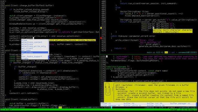 🕶️ A full-screen, text-mode view of its UI, including online help (with paperclip icon), syntax highlighting, 3 windows of the same document in different locations, and a dialog box in the foreground. 

📚️ Kakoune is a libre and multi-platform modal (normal or insertion modes) code editor, in full screen text mode, inspired by Vim (and thus by vi), selection oriented, and focusing on interactivity. As in Vim, its functions are accessible via keyboard shortcuts, but they are reversed (the user makes his selection BEFORE selecting the command). The selections have an anchor and a cursor on which the commands act. It has all the functions that the user expects to find, is largely extensible and customizable (macros & functions), and allows collaborative editing.