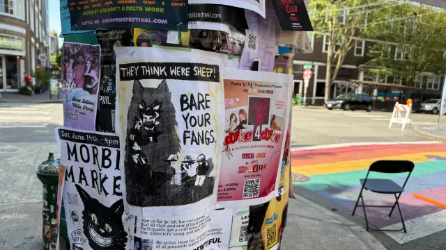 Telephone pole covered in posters, center poster is "They think we're sheep; BARE YOUR FANGS" WLF poster from the game The Last of Us Part II , in the background is a rainbow crosswalk