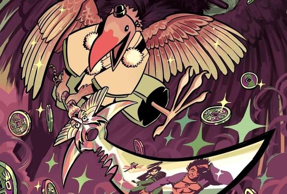 A bird tengu leaps into the air, weilding a sparkly blade, while coins fall all around her. Reflected in the blade are three supernaturally-inclined warriors, all weighing their odds of defeating her...