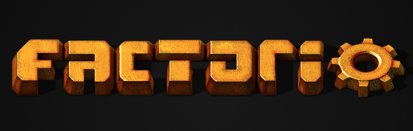 A screenshot of the Factorio logo from the loading screen. It is in a three dimensional font with the O replaced as a gear.