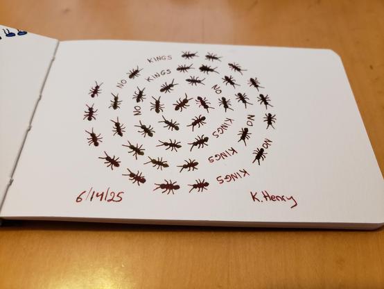 Hand drawn generative/procedural art in ink on an open page of my sketchbook. The abstract pattern looks like ant on a spiral path with word between some the ants that read "No Kings".