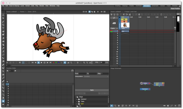 🕶️ A view of the UI, with the various tools associated with each work phase separated into tabs at the top right of the interface (Drawing, Cleanup, Palette, InknPaint, Animation, Schematic, Xsheet, Tasks, Browser). To the left of the UI are the drawing tools, and to the top left the menus. The image shown is taken (by me) from the Free*SVG site (https://freesvg.org/reindeer-vector-cartoon, Public Domain).

📚️ OpenToonz is a libre, multi-platform, mature 2D bitmap and vector animation tool (motion design). It was used and developed by Studios Ghibli (under the name Toonz) and Dwango (who adapted it, used it for their own needs and freed it). Today, it is used by major studios to produce short films, feature films and series. It integrates the complete design chain for import (including TWAIN-standard scanning), drawing (MyPaint brushes, and numerous editing tools), animation and effects (image style change, incident light assignment, wavy distortion), and can be extended by plugins.
