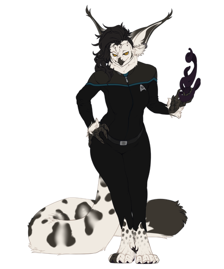 A picture of an anthro gryphon standing. They are wearing a star fleet uniform from Star Trek Online and are holding an orb of goo in their hand.