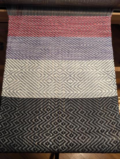 a piece of handwoven cloth still on the loom, with four thick horizontal stripes, each in a different color and pattern.