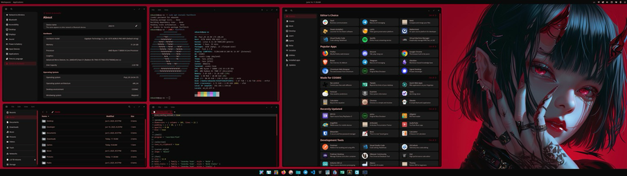 Red and black COSMIC Desktop layout showing a anime demon girl in the wallpaper.