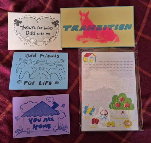 3 postcards:
Thanks for being odd with me
Odd friends for life
You are home
1 print: Transition Foal Print
1 cute stationery writing paper