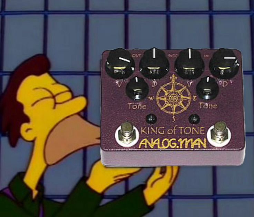 Lenny from The Simpons holding up an Analog.man King of Tone with both hands and kissing the side of it reverently.